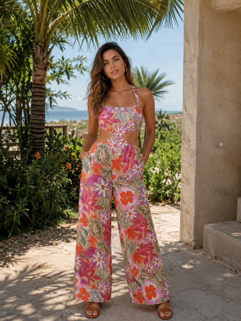 ASTR Marise Wide Leg Jumpsuit  in Orange Purple Multi Size Small NWT
